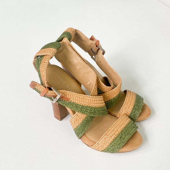 Nine West‎ Basket Weave Ankle Strap Heel Sandals Beige Green 6.5 - Picture 1 of 13